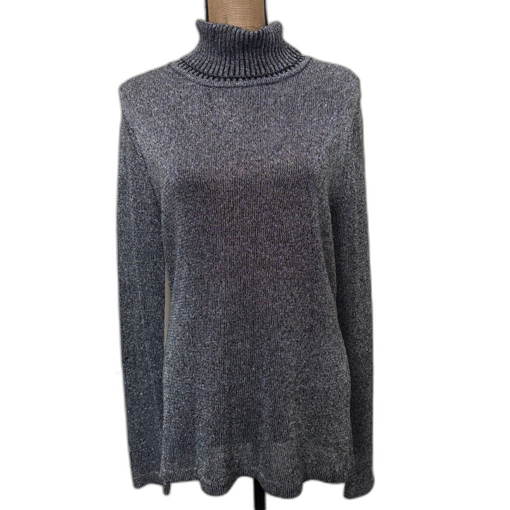 TravelSmith Metallic Knit‎ Turtleneck Sweater Silver Black Evening Size Large